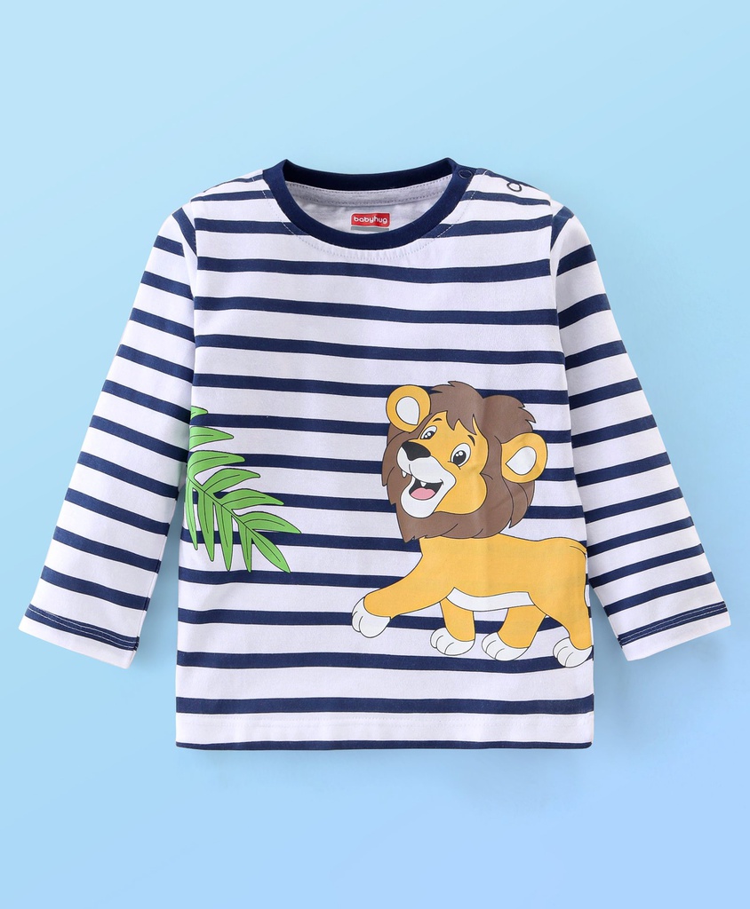 Babyhug Full Sleeves Striped T-Shirt Lion Graphics - White