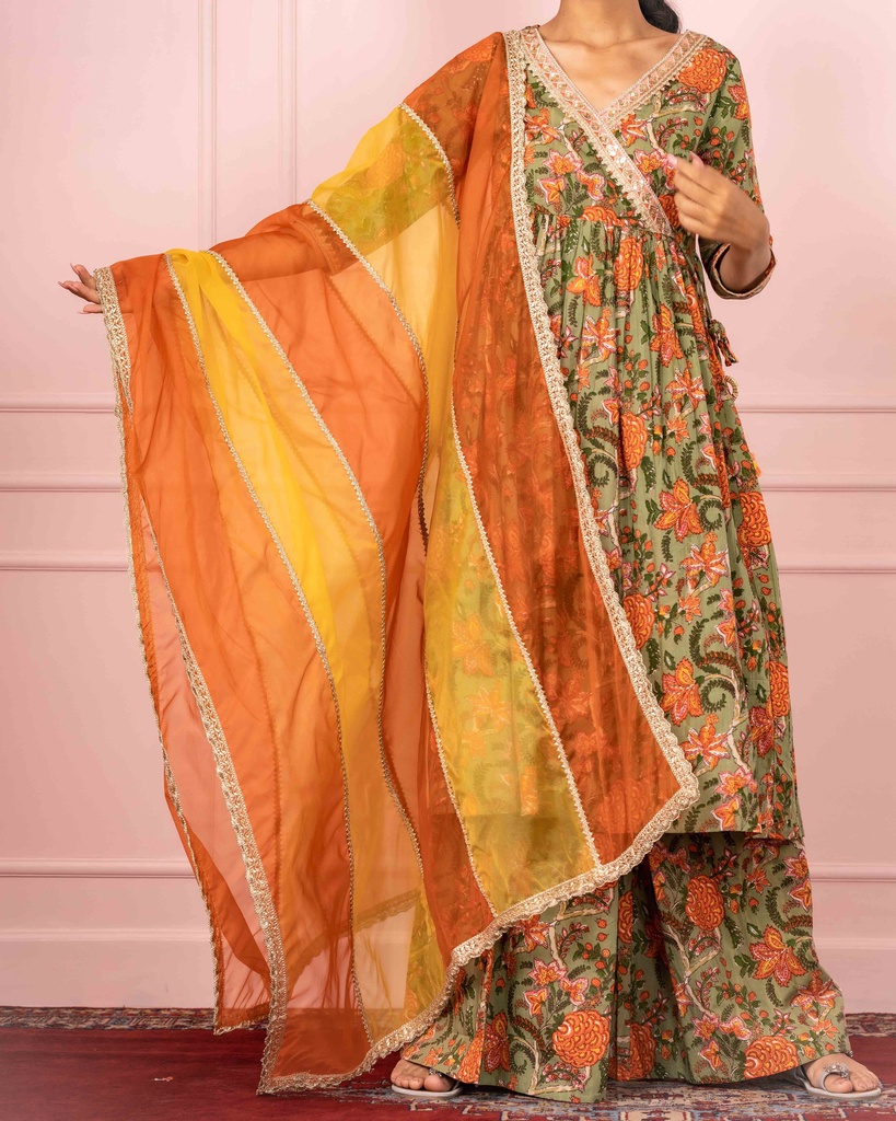 Peach - Mangalagiri Block Printed Handloom Cotton Kurta with Palazzo & Dupatta Set