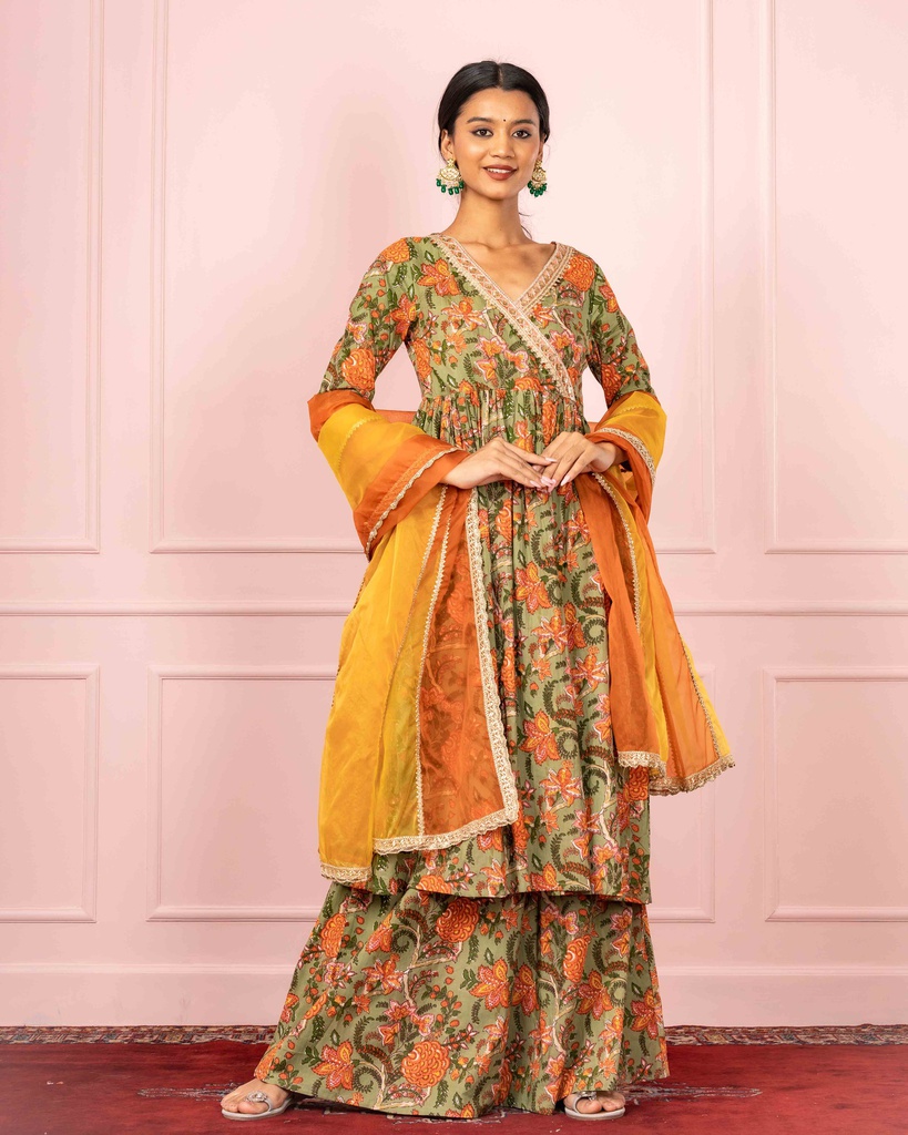 Blue Printed kurta, Green Palazzo and Dupatta Set