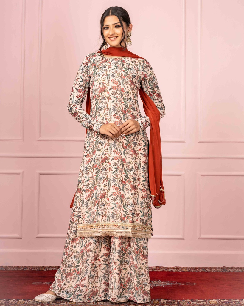 Beige Georgette Embroidered Floral Round Work Kurta Pant Set - Rent