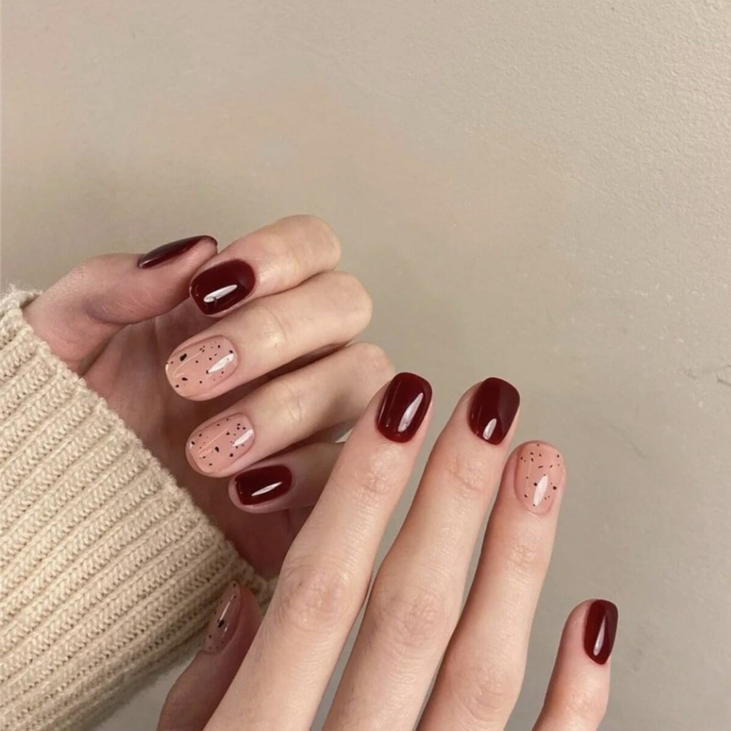 24pcs Burgundy Black Rice Press On Nails With Glue & File | Jeevee