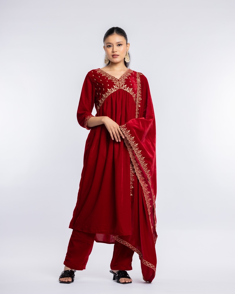 Red Anarkali Floral Print Mix Viscose Kurta Set