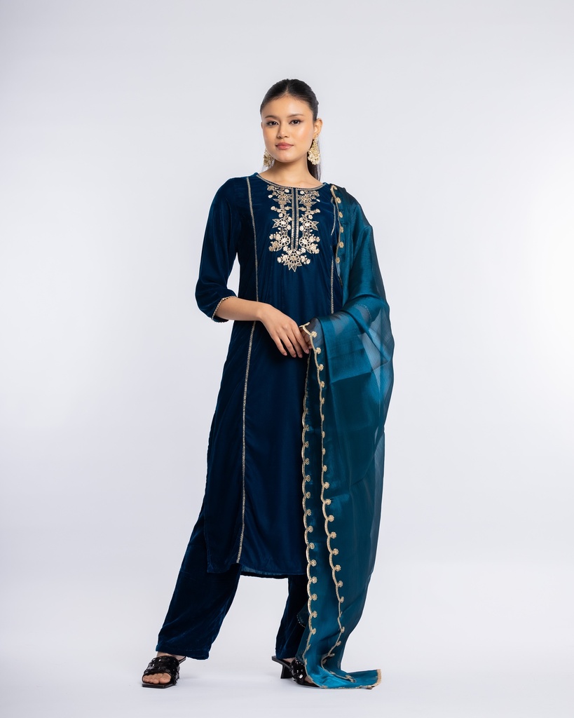 Blue Embroidered Festive Ethnic Kurta